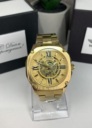 Качественные мужские механические часы winner gmt-1159 gold золото,наручные часы виннер скелетон 20228 фото