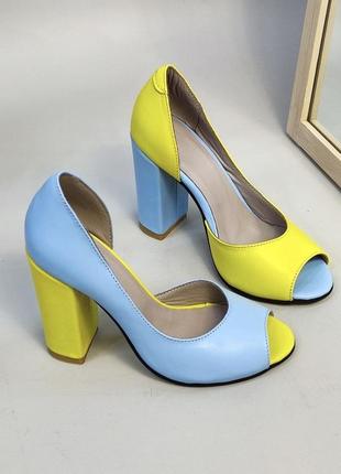 Дизайнерські жовто-блакитні туфлі ін-ян з відкритим носком натуральна шкіра або замш 35-41