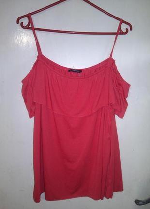 Стильная,трикотажная,красная блузка-футболка с открытыми плечами и воланом,my wear5 фото
