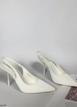 Туфли слингбеки белые рептилия питон с открытой пяткой на каблуке узким носком6 фото