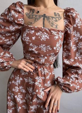 Принтована квіткова сукня міді зі шнурівкою на спинці, плаття міді з розрізом в квіти4 фото