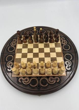 Шахматы, шашки 2в 1 деревянные резные круглые ручной роботы.