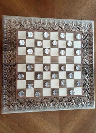 Шахи дерев'яні різьблені(набір 3 в 1 шахи, шашки, нарди)9 фото