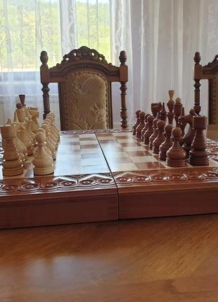 Шахи дерев'яні різьблені(набір 3 в 1 шахи, шашки, нарди)8 фото
