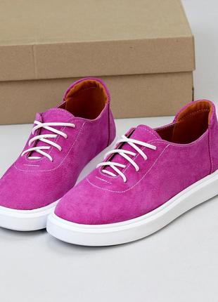 Фуксія рожеві натуральні замш туфлі кеди мокасини на шнурках 36-40
