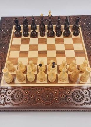 Шахи дерев'яні різні (набір 3 в 1 шахи, шашки, нарди)1 фото