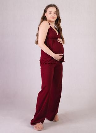 Домашняя пижама для кормящих мам топ и штаны однотонная хлопок бордовый 46-54р2 фото