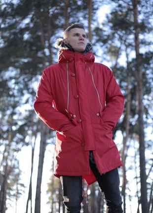 Мужская красная зимняя теплая куртка парка с мехом и капюшоном, турция2 фото