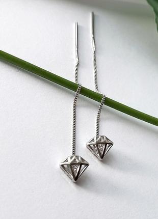 Серебряные серьги сережки протяжки цепочки діамант с белым камнем серебро 925 пробы родированное 540201р2 фото