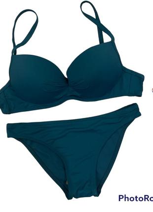 Купальник темно бирюзовый, купальник с пушап, купальник бутылочного цвета, купальник на завязках