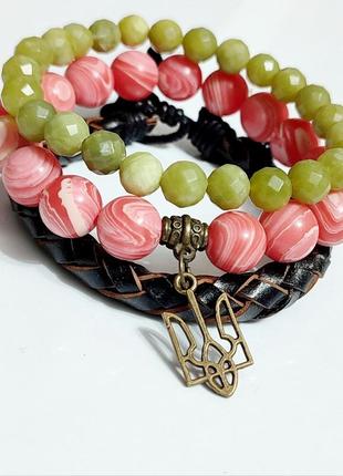 Браслет, натуральный жадеит, натуральный сардоникс, кожа, ювелирный сплав.