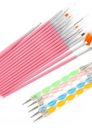 Розовые кисти для маникюра и дотсы, 20 шт