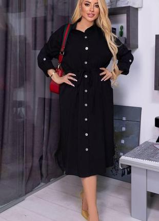 Женское легкое нарядное весеннее базовое платье рубашка софт миди на пуговицах с поясом больших размеров батал1 фото