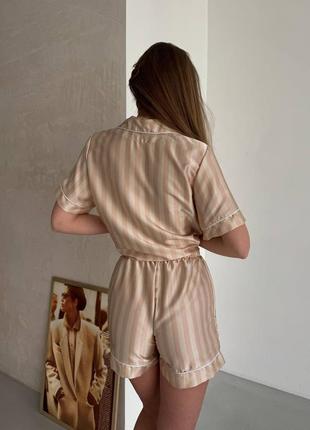 Золота жіноча шовкова піжама смугаста піжамка шорти сорочка в полоску шовк5 фото