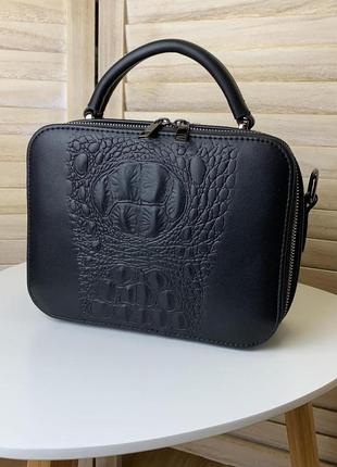 Женская мини сумочка клатч под рептилию черная, маленькая сумка через плечо эко кожа