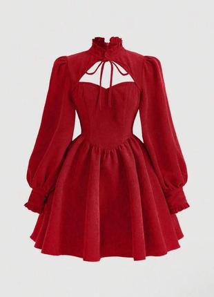 Сукня коротка однотонна на довгий рукав приталена з вирізом якісна стильна трендова червона шоколад1 фото