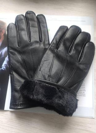 Чоловічі шкіряні перчатки рукавички зимові штучне хутро black1 фото