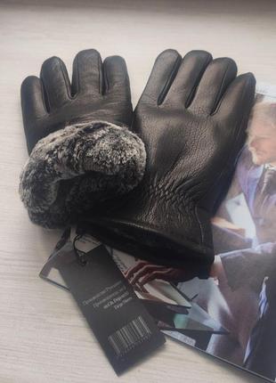 Кожаные зимние мужские перчатки из оленьей кожи, подкладка мех, румыния
