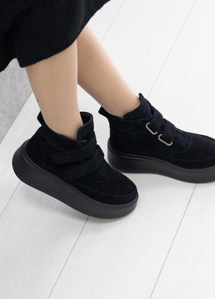 Женские черные замшевые ботинки с 2-мя липучками 37