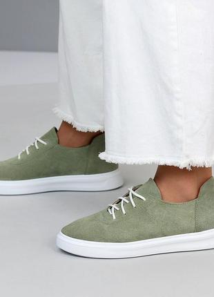 Зелені оливкові жіночі жіночі туфлі на шнурівці мокасини з натуральної замші4 фото