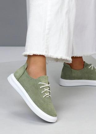 Зелені оливкові жіночі жіночі туфлі на шнурівці мокасини з натуральної замші1 фото