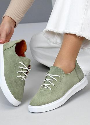 Зелені оливкові жіночі жіночі туфлі на шнурівці мокасини з натуральної замші6 фото