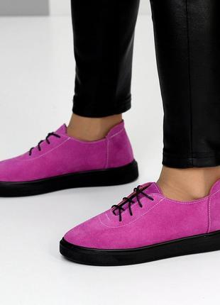 Фуксія рожеві жіночі туфлі на шнурівці мокасини з натуральної замші2 фото