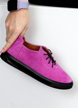 Фуксія рожеві жіночі туфлі на шнурівці мокасини з натуральної замші6 фото