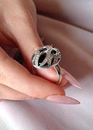 Серебряное кольцо кольцо с цирконом и искусственным ониксом7 фото