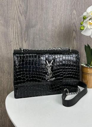 Женская лаковая сумочка рептилия ysl черная на цепочке, мини сумка клатч крокодил7 фото