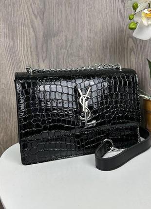 Женская лаковая сумочка рептилия ysl черная на цепочке, мини сумка клатч крокодил5 фото