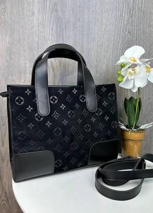 Женская замшевая сумка с тиснением черная, сумочка на плечо из натуральной замши5 фото
