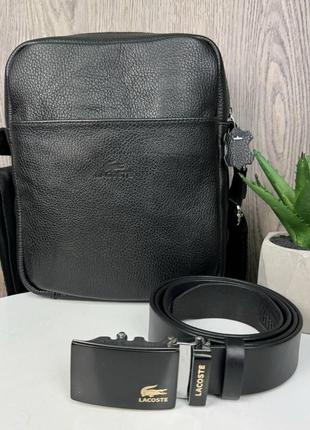 Мужская кожаная сумка барсетка стиль лакоста + кожаный ремень из натуральной кожи, подарочный набор 2 в 1