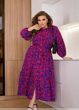 Платье - макси женское, длинное, на пуговицах, с текстильным поясом, батал, в цветы, электрик2 фото