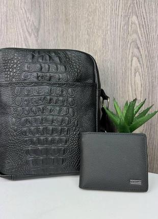 Чоловіча шкіряна сумка-планшетка + гаманець із натуральної шкіри набір, подарунковий комплект для чоловіка1 фото