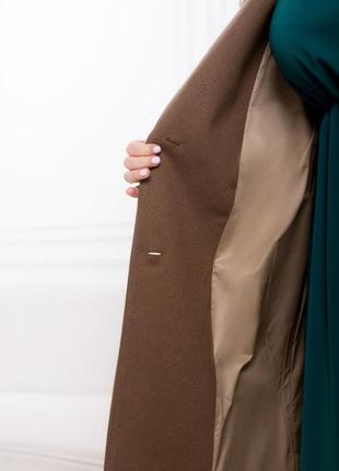 Пальто женское демисезонное, двубортное, твидовое, на подкладке, батал, однотонное, шоколадное3 фото
