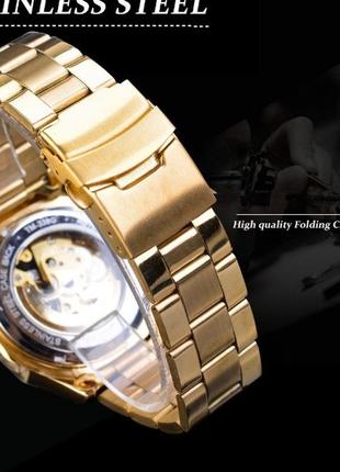 Чоловічий механічний наручний годинник winner skeleton з відкритим механізмом, годинник скелетон золотистий люкс4 фото