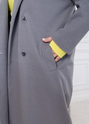 Пальто женское демисезонное, двубортное, твидовое, на подкладке, батал, однотонное, серое3 фото