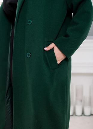 Пальто женское демисезонное, двубортное, твидовое, на подкладке, батал, однотонное, зеленое3 фото