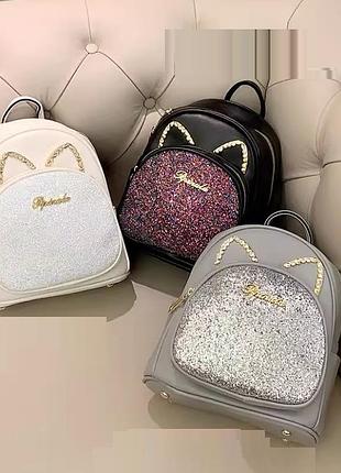 Качественный женский городской рюкзак с блестками ушками | женский мини рюкзачок с стразами ушами черный