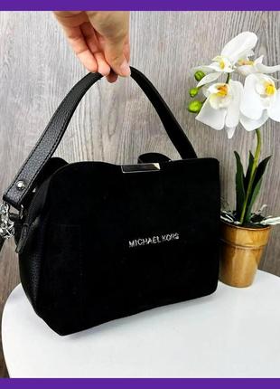 Жіноча міні сумочка на плече натуральна замша + еко чорна шкіра, якісна сумка для дівчат
