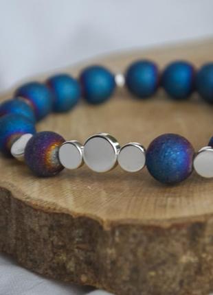 Браслет на резинке агат "бензин" (имит) + вставки гематит серебристый d-10х8х6мм+- обхват 18см