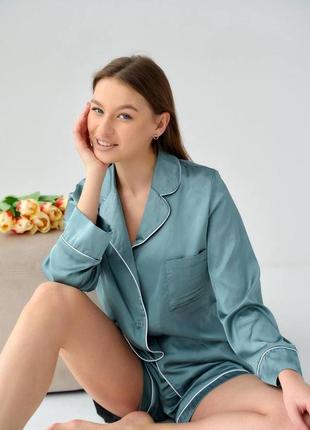 Жіноча однотонна піжама з італійського шовку красивий жіночий домашній трійка сорочка шорти та штани2 фото