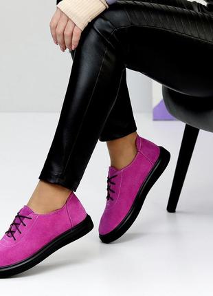 Яркие замшевые деми туфли на шнуровке натуральная замша цвет розовая фуксия4 фото