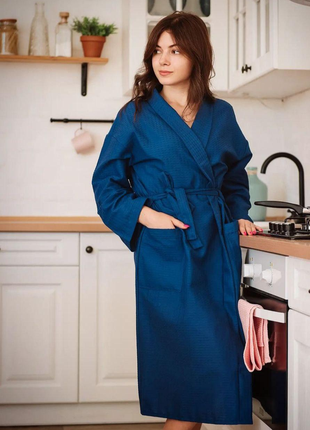 Вафельный халат luxyart кимоно размер (42-44) s 100% хлопок темно-синий (ls-452)