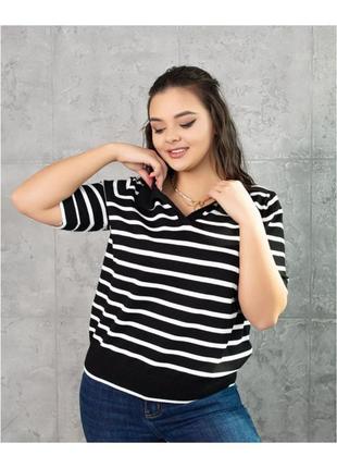 Женская футболка батал поло в полоску тонкой вязки черно-белый 46-501 фото