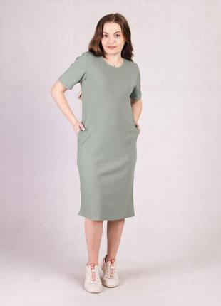 Женское платье в рубчик трикотажное для беременных с коротким рукавом оливковый 46-54р.
