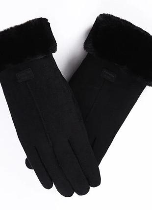Женские замшевые перчатки fashion сенсор подкладка мех черные5 фото