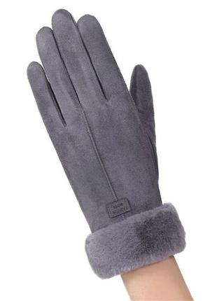 Женские замшевые перчатки fashion сенсор подкладка мех серый3 фото