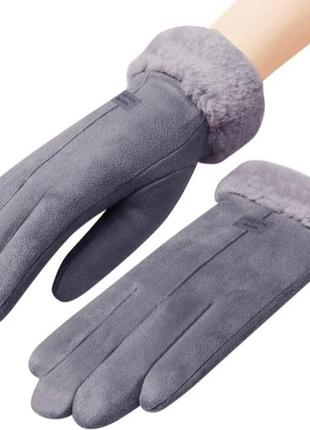 Женские замшевые перчатки fashion сенсор подкладка мех серый4 фото